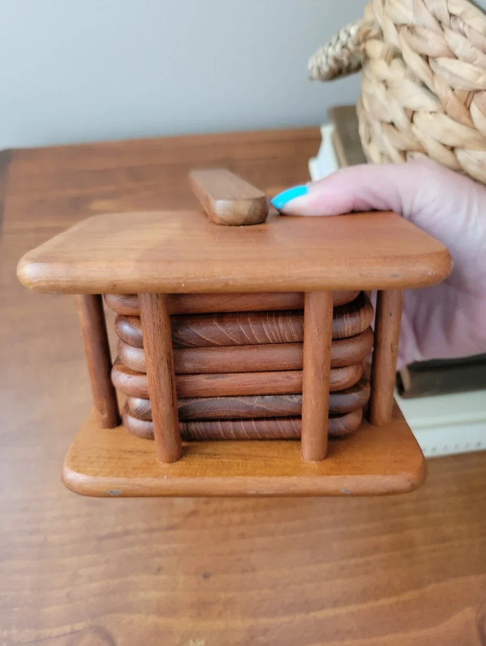 Vintage MCM Dolphin Teakwood 6 Piece Coaster Set & Caddy Mid-Century Modern